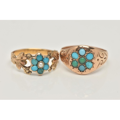 1 - TWO EARLY 20TH CENTURY RINGS, the first a yellow gold ring set with turquoise in a floral design wit... 
