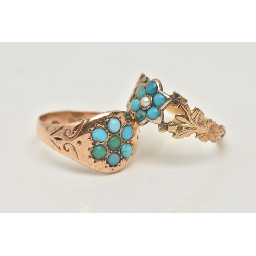 1 - TWO EARLY 20TH CENTURY RINGS, the first a yellow gold ring set with turquoise in a floral design wit... 