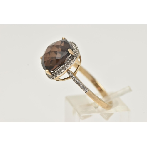 10 - A 9CT GOLD SMOKY QUARTZ DRESS RING, designed as a faceted square cut smoky quartz, measuring approxi... 