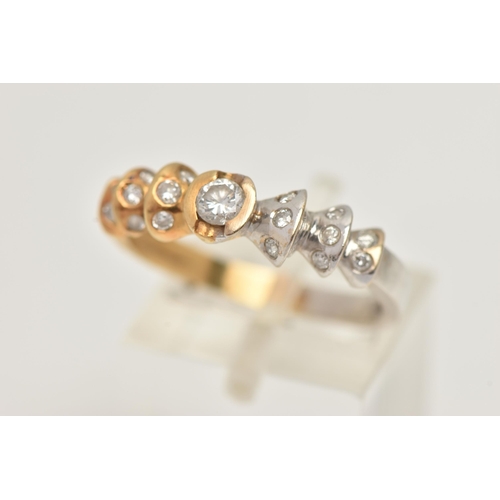 15 - A DIAMOND SET BI-COLOUR RING, centrally set with a round brilliant cut diamond, estimated diamond we... 