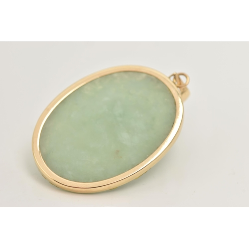 17 - A YELLOW METAL JADE PENDANT, designed as an oval slice of green jade, collet set in a yellow metal, ... 