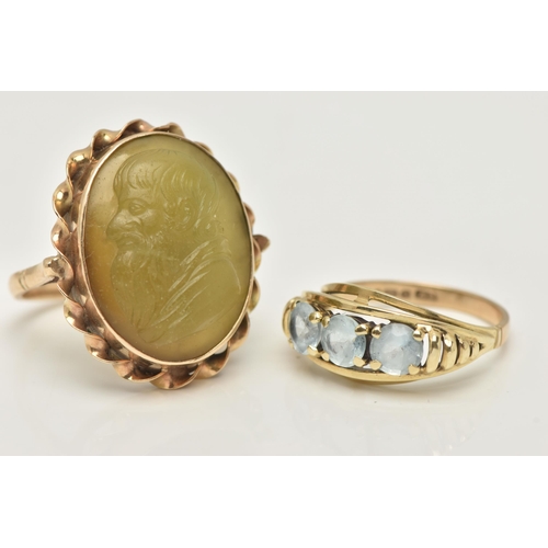 2 - TWO 9CT GOLD RINGS, the first a gem set carved green chalcedony cameo ring, collet set in yellow gol... 