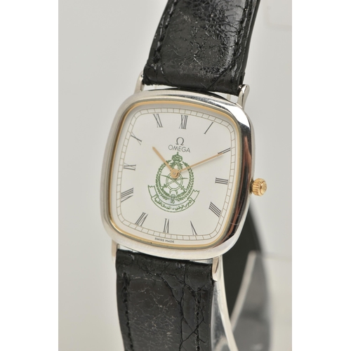 21 - AN 'OMEGA' QUARTZ WRISTWATCH, rounded square case, white dial signed 'Omega', Roman numerals, depict... 