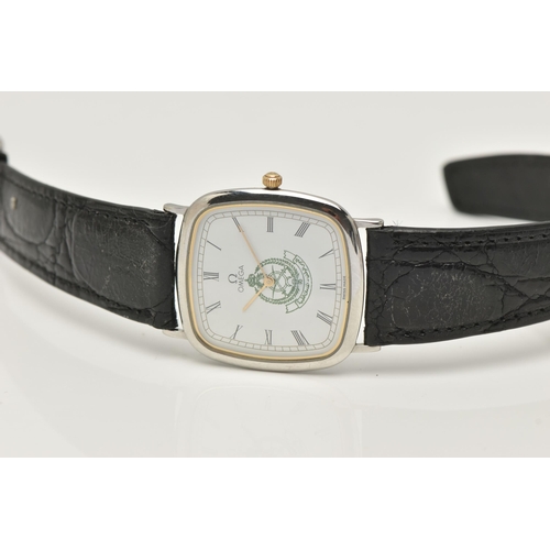 21 - AN 'OMEGA' QUARTZ WRISTWATCH, rounded square case, white dial signed 'Omega', Roman numerals, depict... 