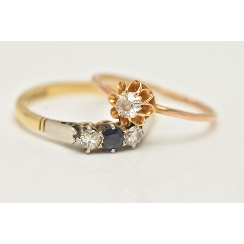 28 - A WHITE AND YELLOW METAL SAPPHIRE AND DIAMOND THREE STONE RING AND AN EARLY 20TH CENTURY YELLOW META... 