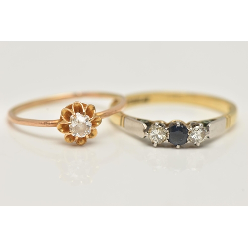 28 - A WHITE AND YELLOW METAL SAPPHIRE AND DIAMOND THREE STONE RING AND AN EARLY 20TH CENTURY YELLOW META... 