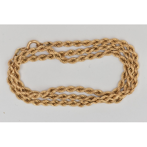 29 - A 9CT YELLOW GOLD CHAIN, the rope-twist chain with spring clasp, 9ct gold import marks for London 19... 