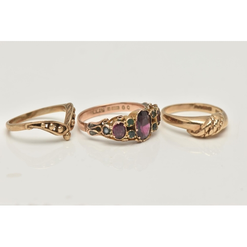 3 - THREE RINGS, the first an early 20th century multi gem set ring, hallmarked 9ct London 1932, ring si... 
