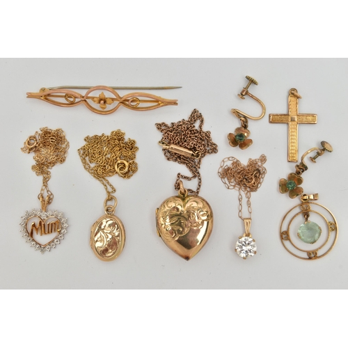 30 - A SELECTION OF 9CT GOLD, YELLOW METAL AND ROLLED GOLD JEWELLERY, to include a 9ct gold scroll engrav... 