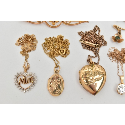 30 - A SELECTION OF 9CT GOLD, YELLOW METAL AND ROLLED GOLD JEWELLERY, to include a 9ct gold scroll engrav... 