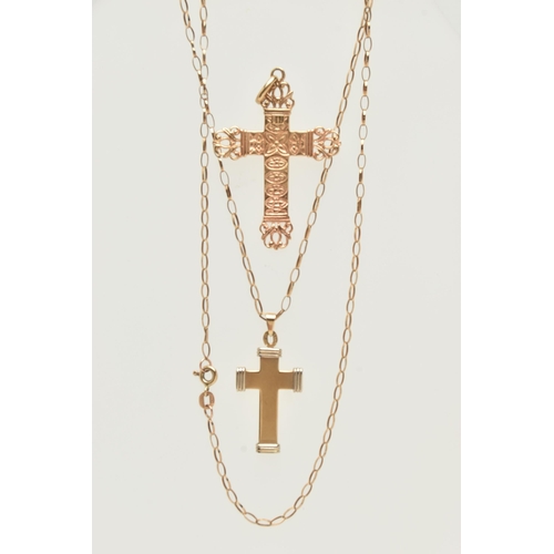 5 - TWO CROSS PENDANTS AND A CHAIN, the first a yellow gold Italian cross with open work detail, approxi... 