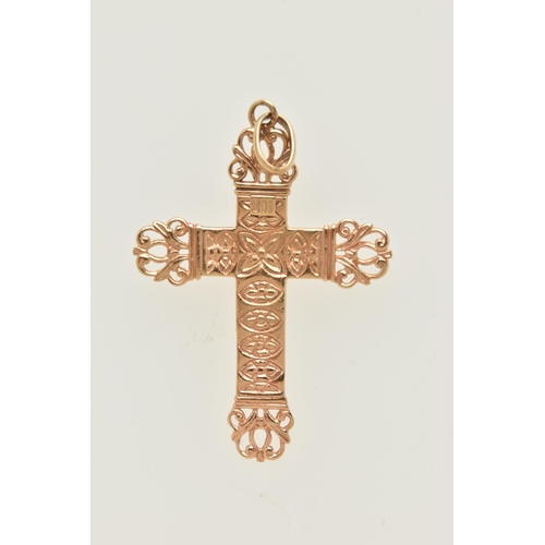 5 - TWO CROSS PENDANTS AND A CHAIN, the first a yellow gold Italian cross with open work detail, approxi... 