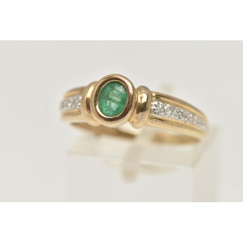 9 - A 9CT GOLD EMERALD AND DIAMOND RING, set with a central oval cut emerald, collet set, to the single ... 