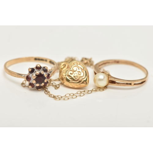 34 - TWO 9CT GOLD RINGS AND A YELLOW METAL NECKLACE, the first a yellow gold and cultured pearl ring, hal... 