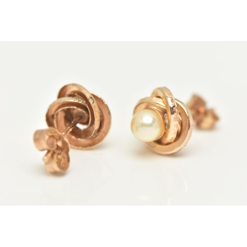 36 - A PAIR OF 9CT GOLD AND CULTURED PEARL EARRINGS, a yellow gold knot design earring with a principally... 