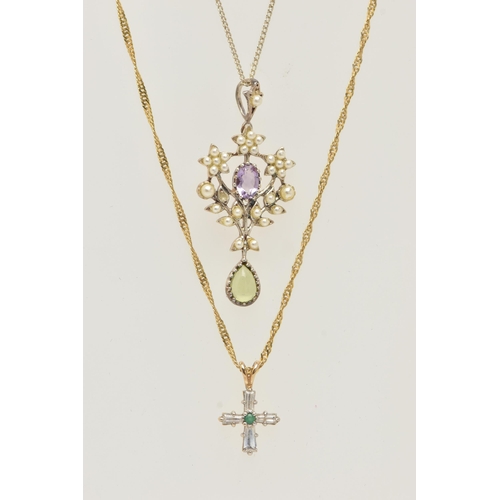 37 - A SMALL ASSORTMENT OF JEWELLERY, to include a yellow gold and cubic zirconia pendant, suspended from... 