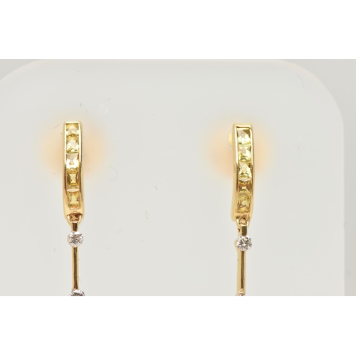 38 - A PAIR OF 18CT YELLOW GOLD DIAMOND AND SAPPHIRE EARRINGS, each ear pendant designed as a calibre-cut... 