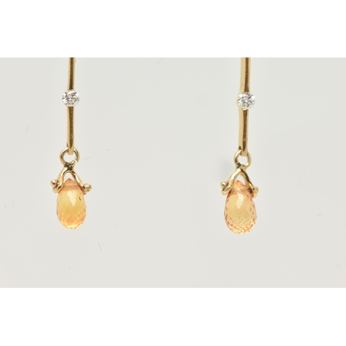 38 - A PAIR OF 18CT YELLOW GOLD DIAMOND AND SAPPHIRE EARRINGS, each ear pendant designed as a calibre-cut... 