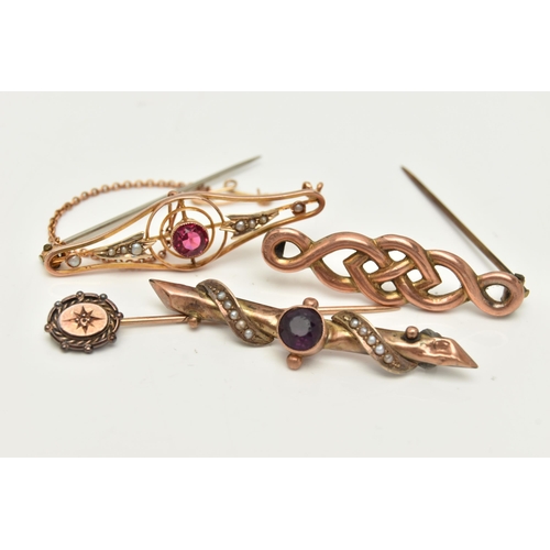 52 - THREE BAR BROOCHES AND A STICK PIN, to include a 9ct gold open work brooch set with a circular cut r... 