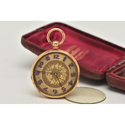 55 - A LADIES YELLOW METAL OPEN FACE POCKET WATCH, key wound, bow stamped 18k, round gold floral detailed... 