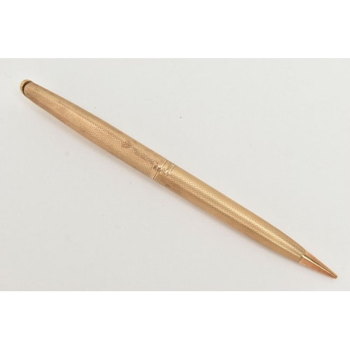 69 - A 9CT GOLD ENGINE TURNED PATTERN PROPELLING PENCIL, vacant cartouche, hallmarked 9ct London 1958, ma... 
