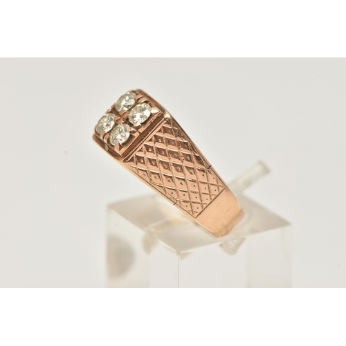 75 - A DIAMOND SIGNET RING, designed as four brilliant cut diamonds in claw settings, to the engraved dia... 