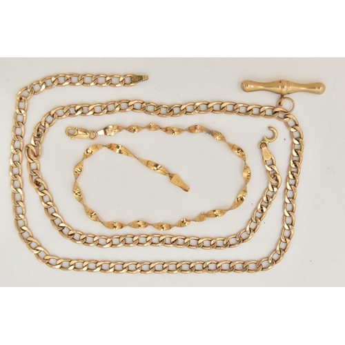 78 - A 9CT GOLD CHAIN BRACELET AND NECKLACE, the bracelet of a twist snake chain design, the curb link ne... 