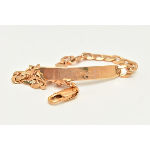 79 - A 9CT GOLD IDENTITY BRACELET, the central panel engraved to one side with 'Gues' and to the reverse ... 