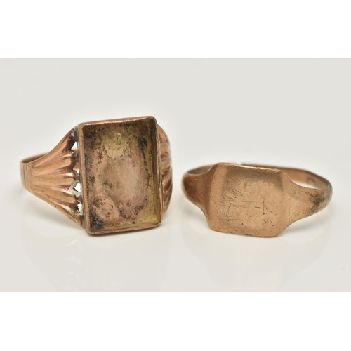 80 - TWO 9CT GOLD SIGNET RINGS, the first with central  stone/panel missing, the second with split to sha... 