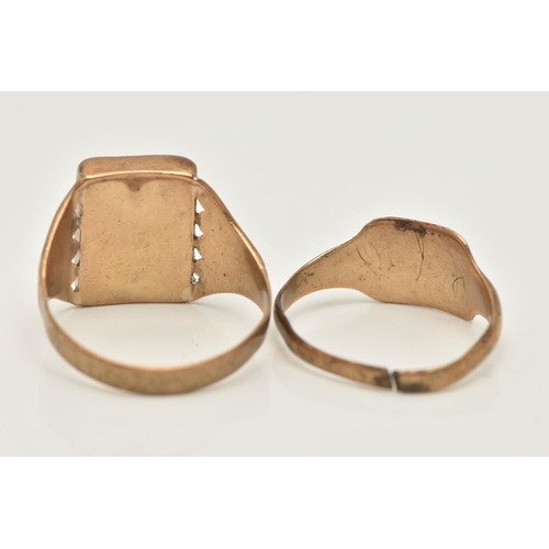 80 - TWO 9CT GOLD SIGNET RINGS, the first with central  stone/panel missing, the second with split to sha... 