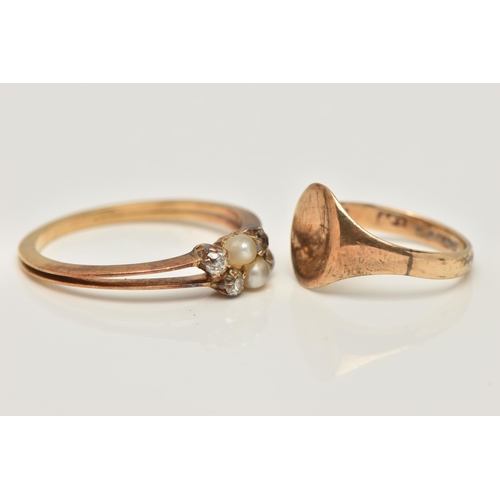 82 - TWO RINGS, the first centrally set with two cultured pearls flanked by old cut diamonds to the bifur... 