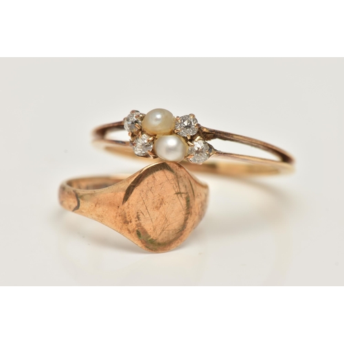 82 - TWO RINGS, the first centrally set with two cultured pearls flanked by old cut diamonds to the bifur... 