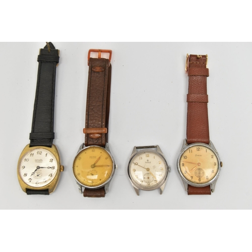 101 - FOUR GENTS WRISTWATCHES, to include a manual wind 'Zodiac' with a round dicoloured Arabic numeral di... 