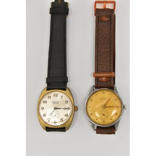 101 - FOUR GENTS WRISTWATCHES, to include a manual wind 'Zodiac' with a round dicoloured Arabic numeral di... 