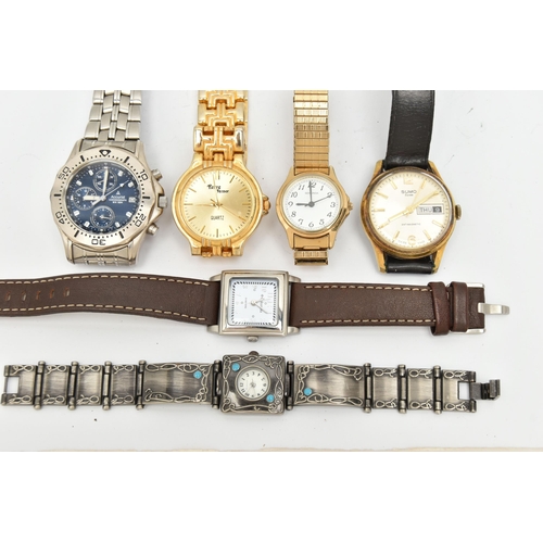 107 - AN ASSORTMENT OF WATCHES, six wristwatches, names to include Sumo, Accurist, Sekonda, Vialli, Columb... 