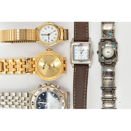 107 - AN ASSORTMENT OF WATCHES, six wristwatches, names to include Sumo, Accurist, Sekonda, Vialli, Columb... 