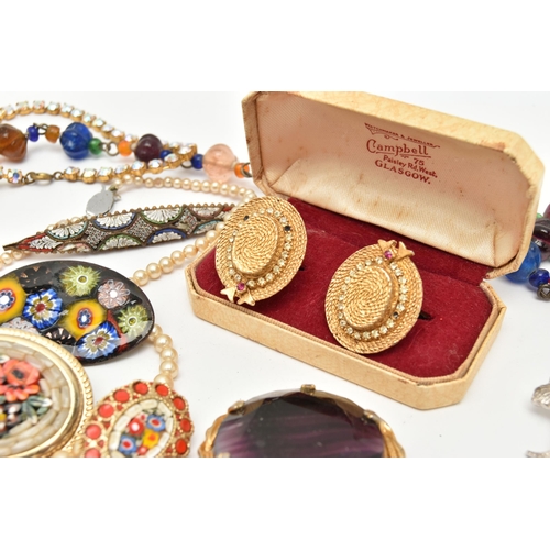 113 - ASSORTED COSTUME JEWELLERY, to include a boxed pair of toggle back cufflinks in the form of hats, th... 