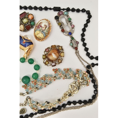 114 - COSTUME BROOCHES AND NECKLACES, to include a green chalcedony bead necklace, a faceted possibly Fren... 