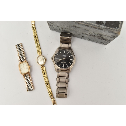 116 - THREE WRISTWATCHES, to include a ladies boxed 'Omega' quartz, rounded rectangular dial signed 'Omega... 