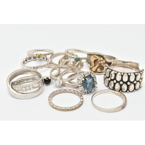 88 - A SMALL BAG OF ASSORTED WHITE  METAL RINGS, to include one silver and yellow metal floral detailed r... 