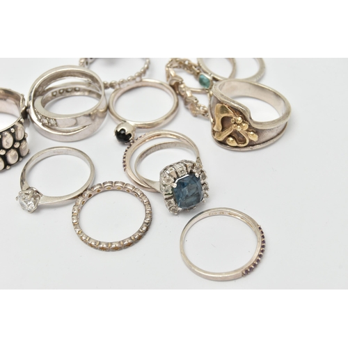 88 - A SMALL BAG OF ASSORTED WHITE  METAL RINGS, to include one silver and yellow metal floral detailed r... 