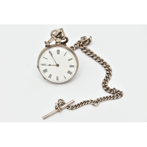 90 - A WHITE METAL OPEN FACE POCKET WATCH WITH ALBERT CHAIN, key wound, open face pocket watch with a rou... 