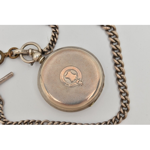 90 - A WHITE METAL OPEN FACE POCKET WATCH WITH ALBERT CHAIN, key wound, open face pocket watch with a rou... 