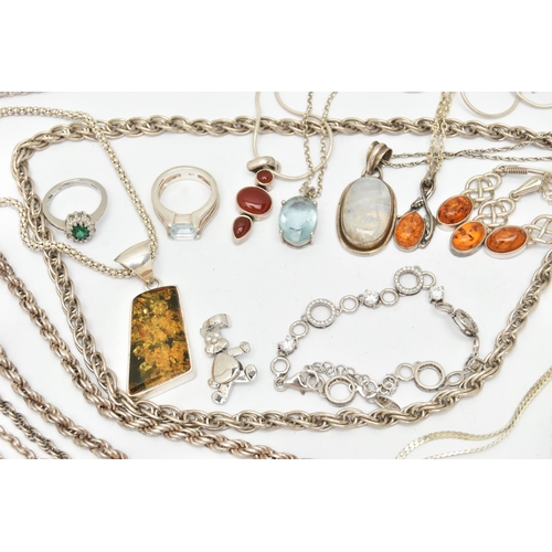 96 - AN ASSORTMENT OF SILVER AND WHITE METAL JEWELLERY, to include three white metal chains, each with Br... 