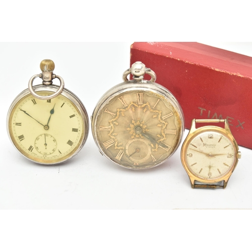 98 - A LATE VICTORIAN SILVER OPEN FACE POCKET WATCH, ANOTHER POCKET WATCH AND TWO WRISTWATCHES, key wound... 