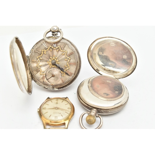 98 - A LATE VICTORIAN SILVER OPEN FACE POCKET WATCH, ANOTHER POCKET WATCH AND TWO WRISTWATCHES, key wound... 