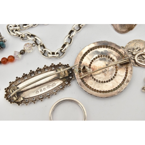 99 - A SMALL ASSORTMENT OF JEWELLERY, to include four silver brooches, each with a full silver hallmark, ... 