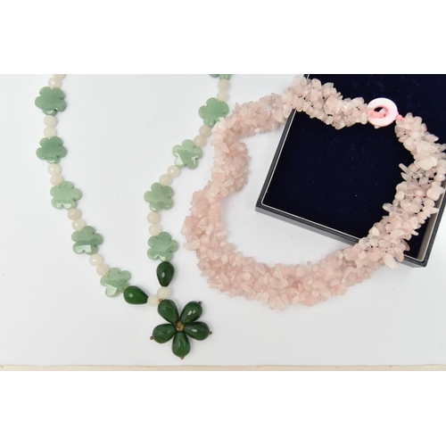 123 - TWO GEMSTONE NECKLACES, the first a rose quartz chip beaded necklace with a dyed pink shell toggle c... 