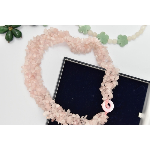123 - TWO GEMSTONE NECKLACES, the first a rose quartz chip beaded necklace with a dyed pink shell toggle c... 