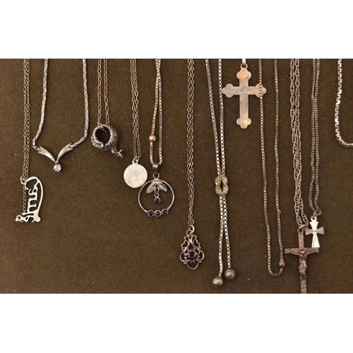 128 - ASSORTED WHITE METAL CHAINS AND BRACELETS, to include two display trays one with twelve assorted cha... 